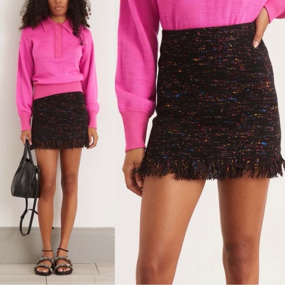 GANNI Multi Colored Wool A-Line Tweed Mini Skirt Black Size 36